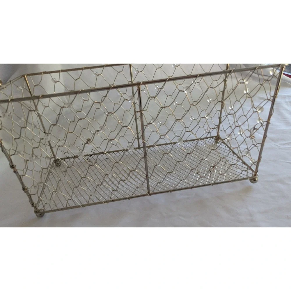 Vintage Silver Beaded Chicken Wire Basket Twisted Handle Farmhouse Caddy 12in